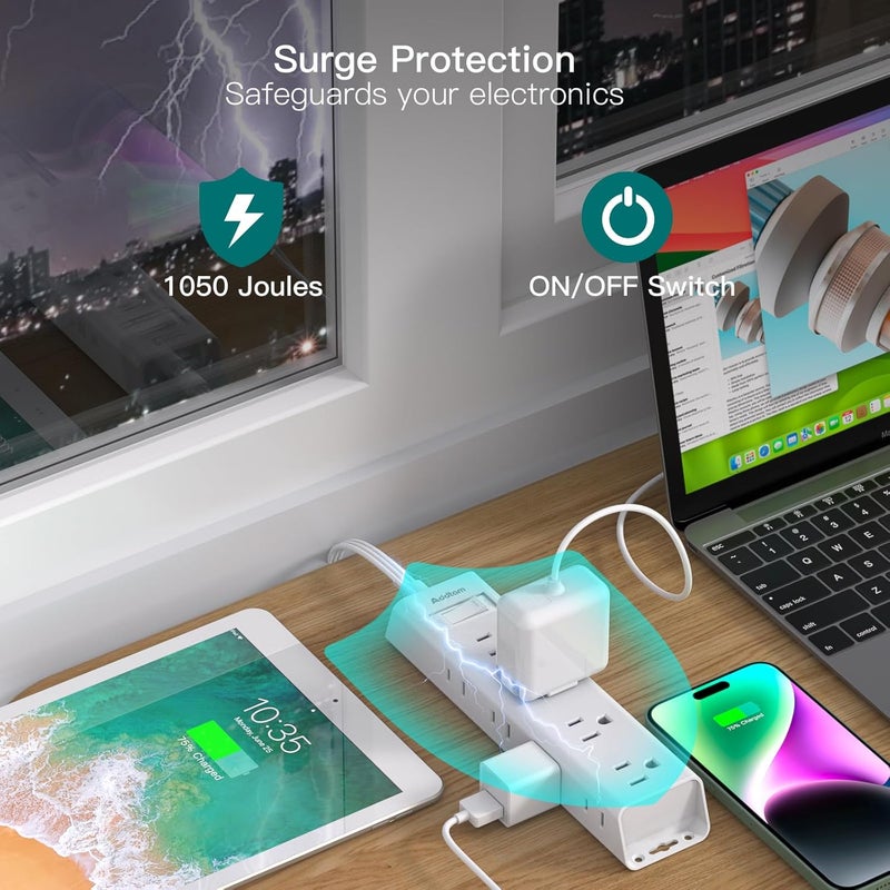 Addtam 2 Pack Surge Protector Power Strip - Flat Plug Extension Cord, 12 Outlet Extender 3 Sides with Overload Protection, 5ft, 1050J, Wall Mount Multi Plug Adapter for Home Office College Dorm Essentials - Image 4